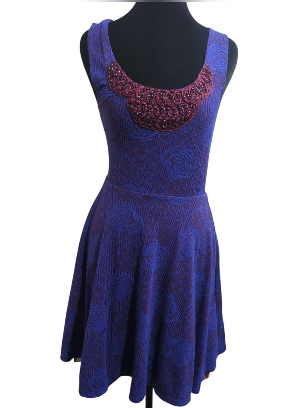 FP XS Blue Jacquard Beaded Fit & Flare Skater Dress Boho Whimsigoth Festival